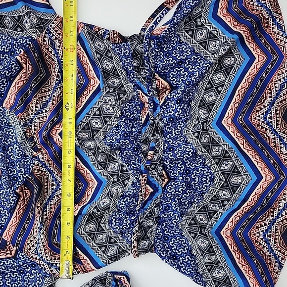 New Look Boho V Neck Long Sleeve Top Blue Red Grey Print Lightweight Size M - Picture 9 of 11